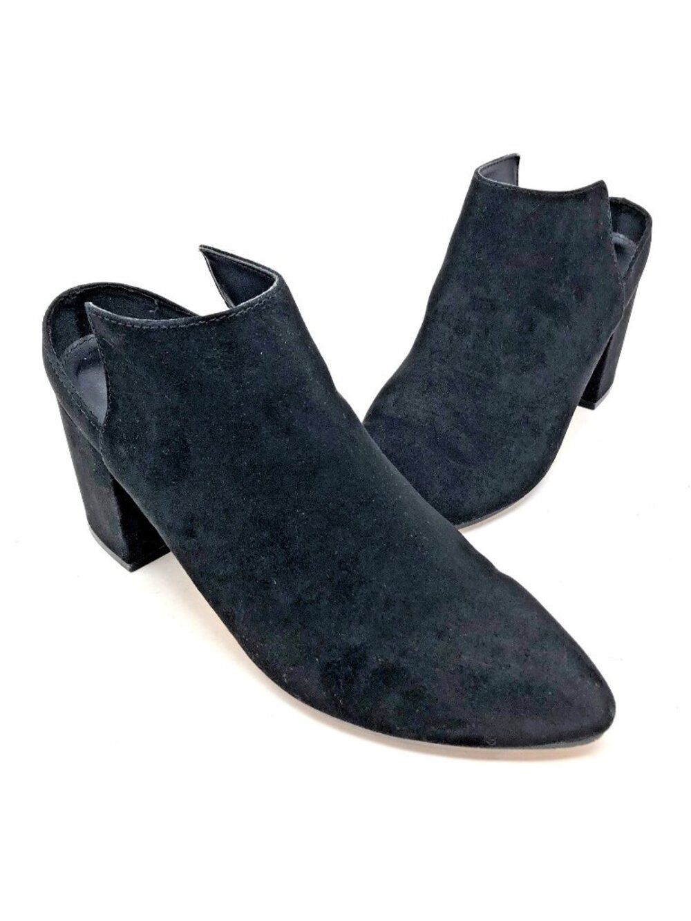 Express Shoes Womens 9 Black Faux Suede Block Heels Pointed Toe Mules Slip On